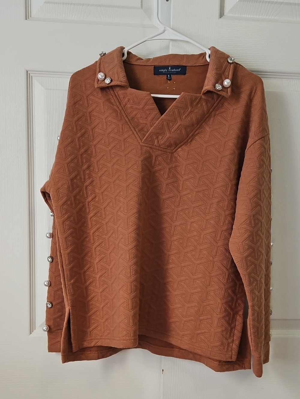 Simply Southern Rust Pearl-Trim Quilted V-Neck Sweater